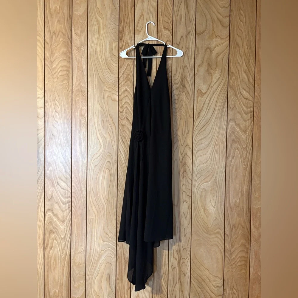 Black Halter Rosette Asymmetrical Dress - Picture 6 of 10